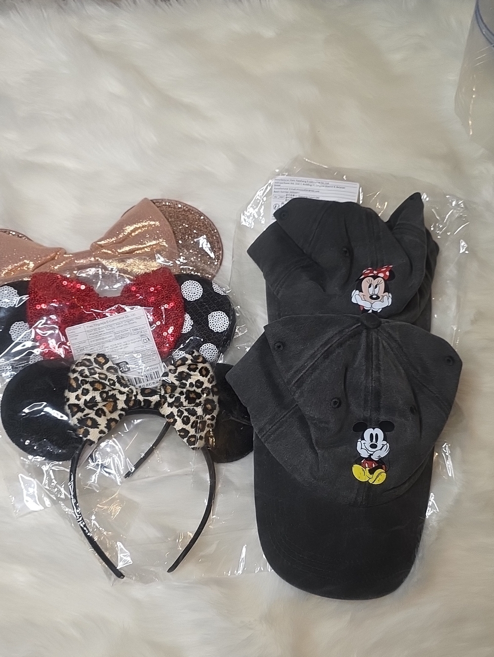 5pcDisney Black Mickey & Minnie Ear Caps and Assorted Sequin & Leopard Headbands